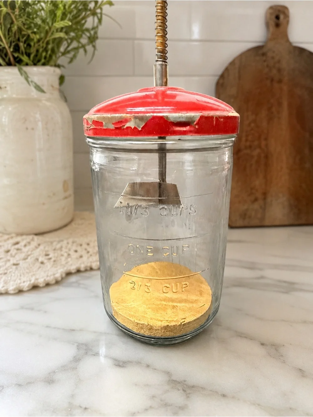 Vintage Red Glass Nut Chopper & Federal Syrup Dispenser 2 Pc Kitchen Lot